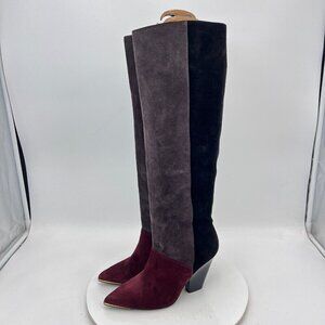 Tory Burch Lila 90mm Women Size 6M Burgundy Grey Black Suede Knee High Boot